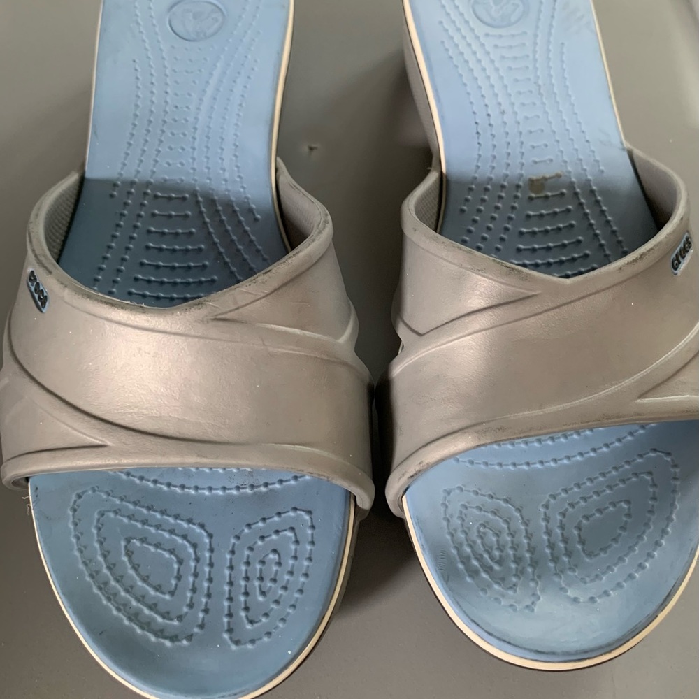 Crocs Silver and light blue slip on size 11 W light weight and comfortable
